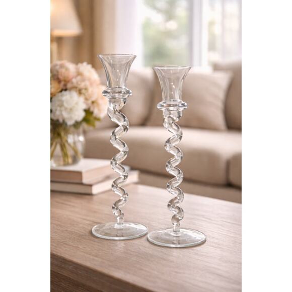 Elegant Clear Glass Spiral Candle Holders Pair – Twisted Design – 10” & 11” - Picture 1 of 10